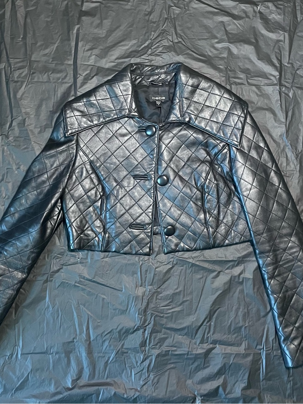 bebe Black Quilted Cropped Leather Jacket